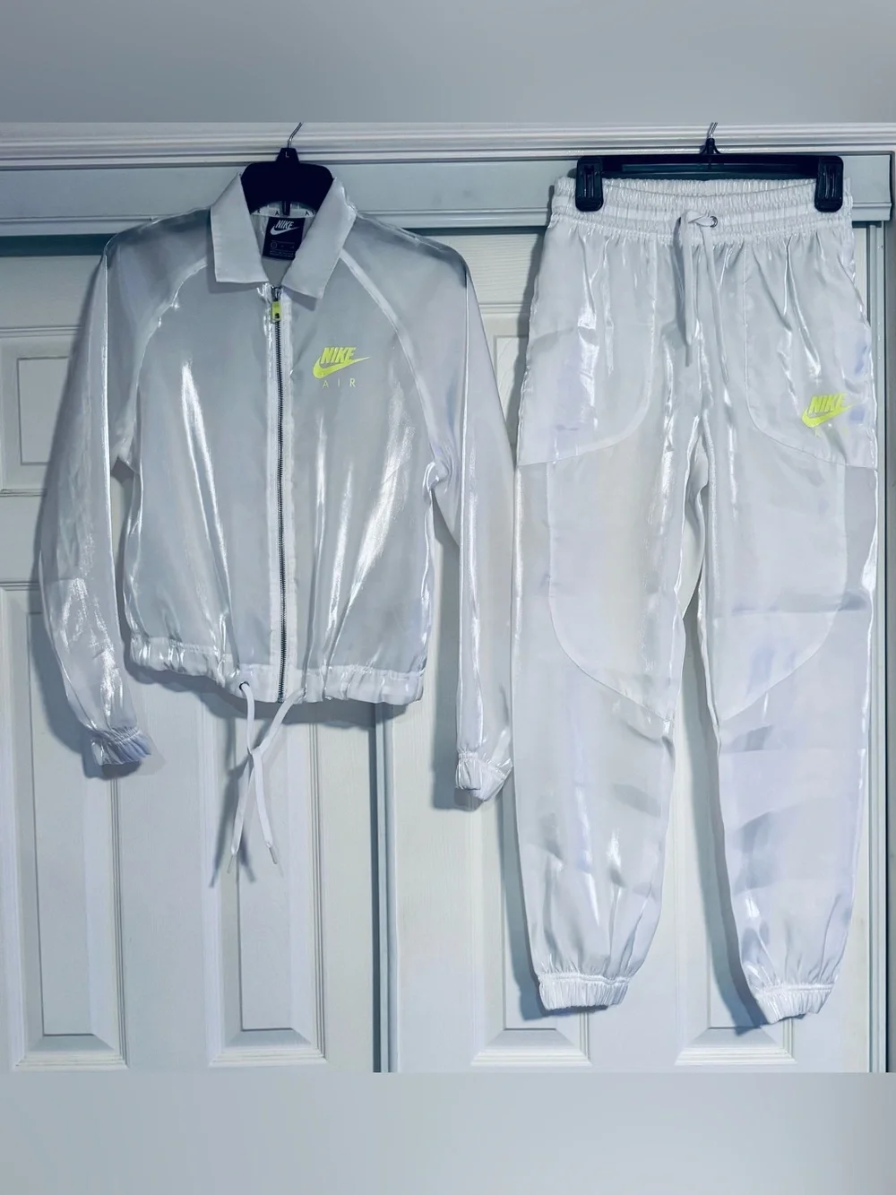 Nike White Sheer Zip Jacket and Jogger Pant Set with Neon Yellow Logo